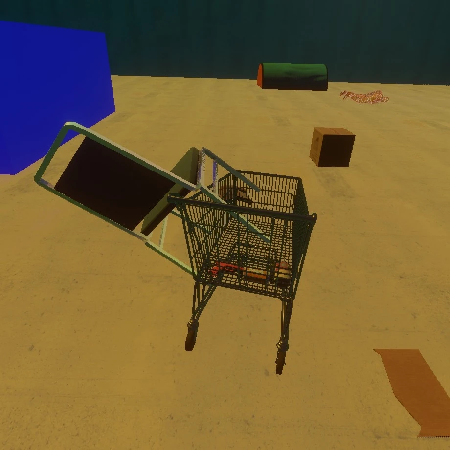 Some props, including a chair, in a shopping cart